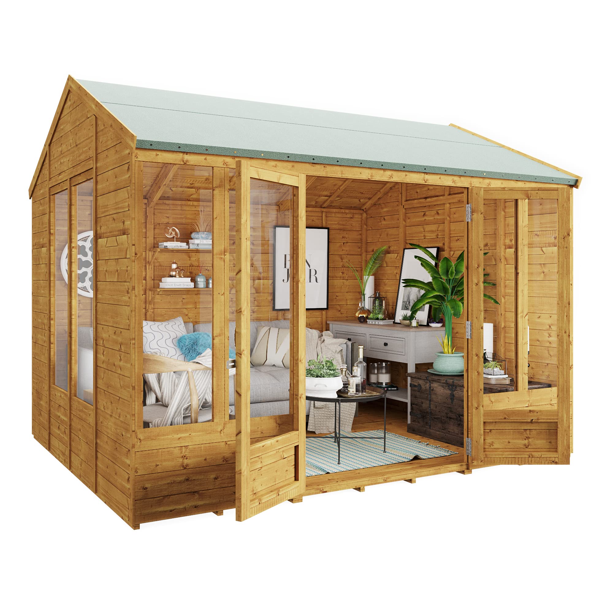 BillyOh Petra 12x10 Reverse Apex Summer House Shed, Log Cabin | Wooden Garden Room with Wide Double Doors, Tear Resistant Felt, Tongue and Groove Construction | Versatile Tiny Home or Garden Office