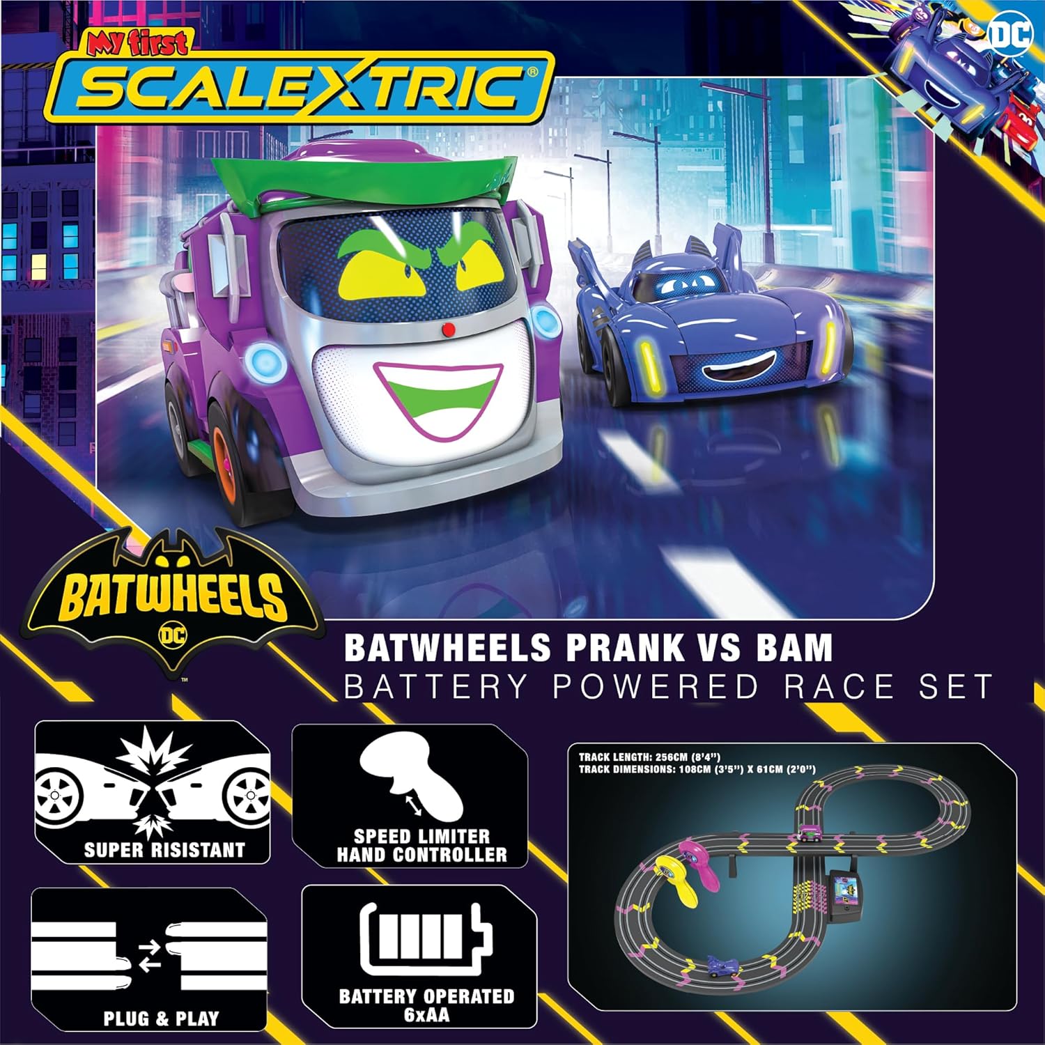 My First Scalextric Racing Track Sets for Kids Ages 3+ - G1187M Batwheels Prank vs Bam Battery Micro Race Car Set, Toy Cars Race Tracks for Boys. Incl. 2x Hand Controllers - Kids Toys Gifts