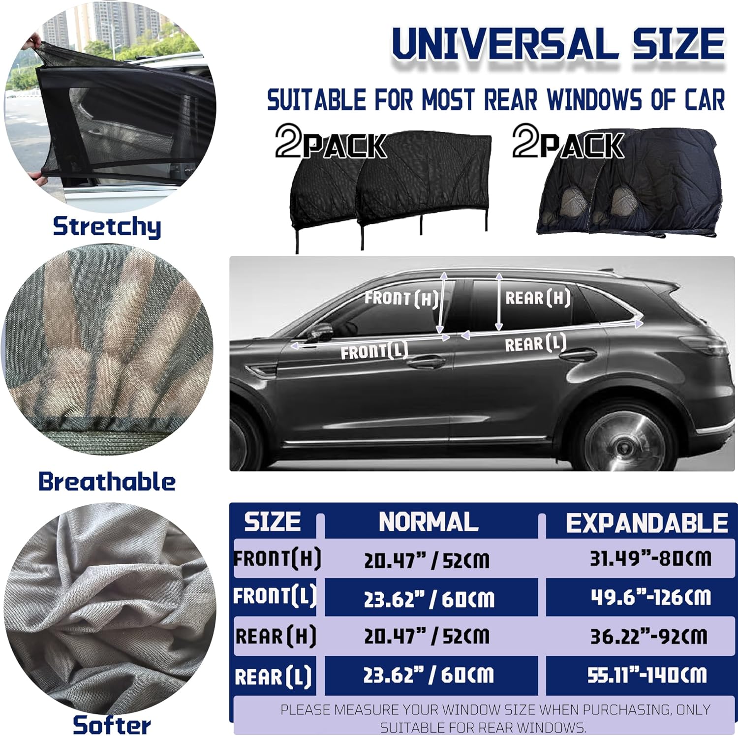 Car Front Window Shades, OUTTDID 2 Pack Side Window Sun Shades, Car Heat and UV Protection Stretchy Mosquito Net Cover Fit Cars SUVs - Up to 80x126cm