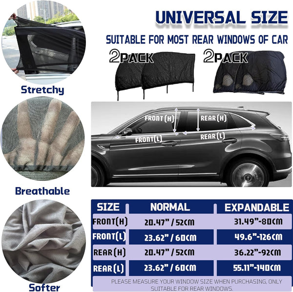 Car Front Window Shades, OUTTDID 2 Pack Side Window Sun Shades, Car Heat and UV Protection Stretchy Mosquito Net Cover Fit Cars SUVs - Up to 80x126cm