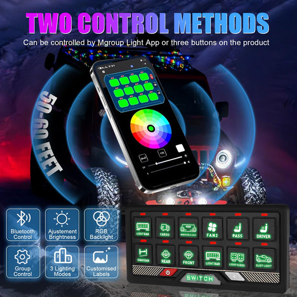 Chelhead RGB 6 Gang Switch Panel with APP Control, Universal Circuit Control Relay System, Multi-Function Bluetooth Remote Switch Panel, Compatible with Truck Boat SUV RV Trailer Marine ATV UTV