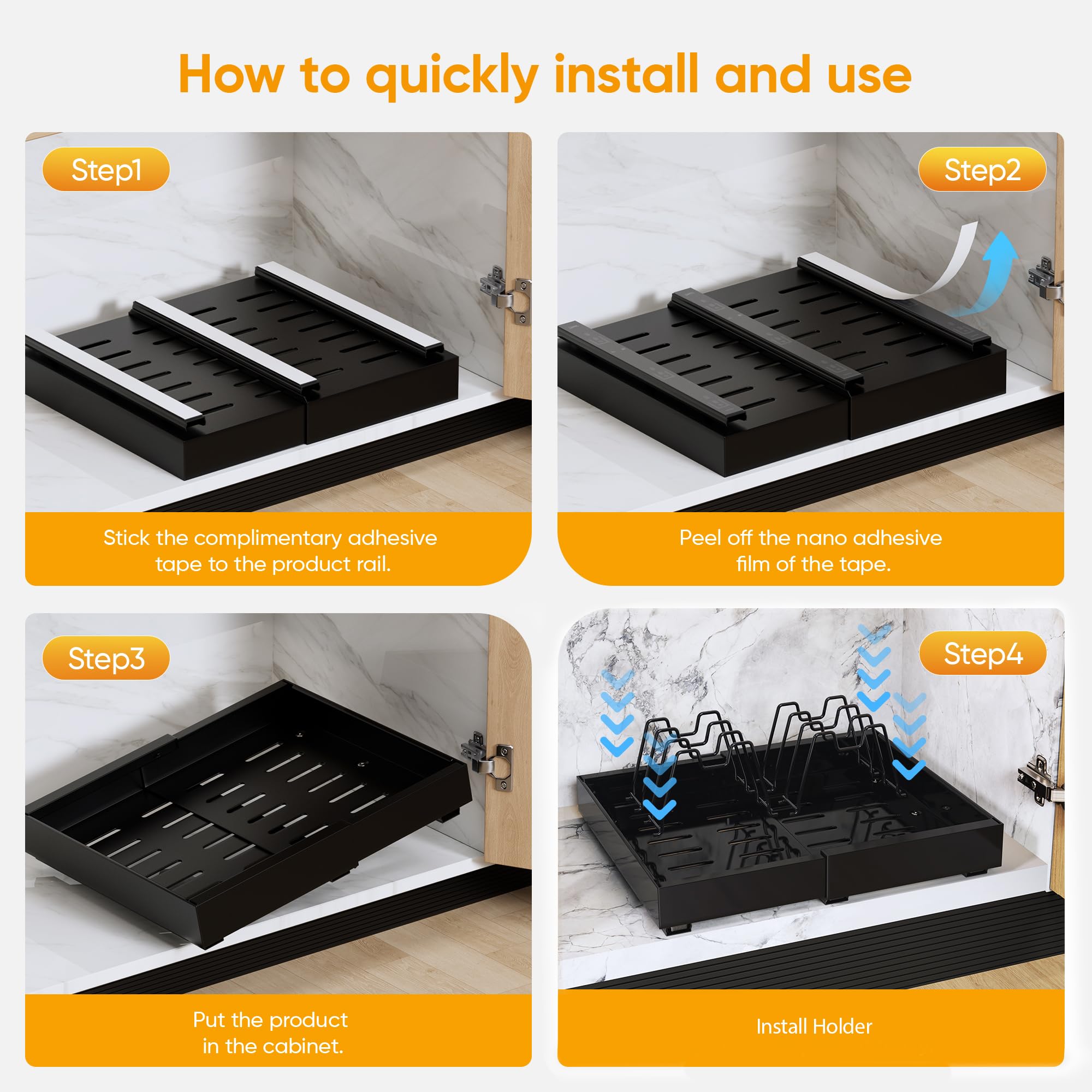 iHomara 2 Pack Expandable Pull Out Cabinet Organizer, Slide Out Drawers for Kitchen Cabinets, Pull 0ut Kitchen Storage 53cm deep with 8 crockery