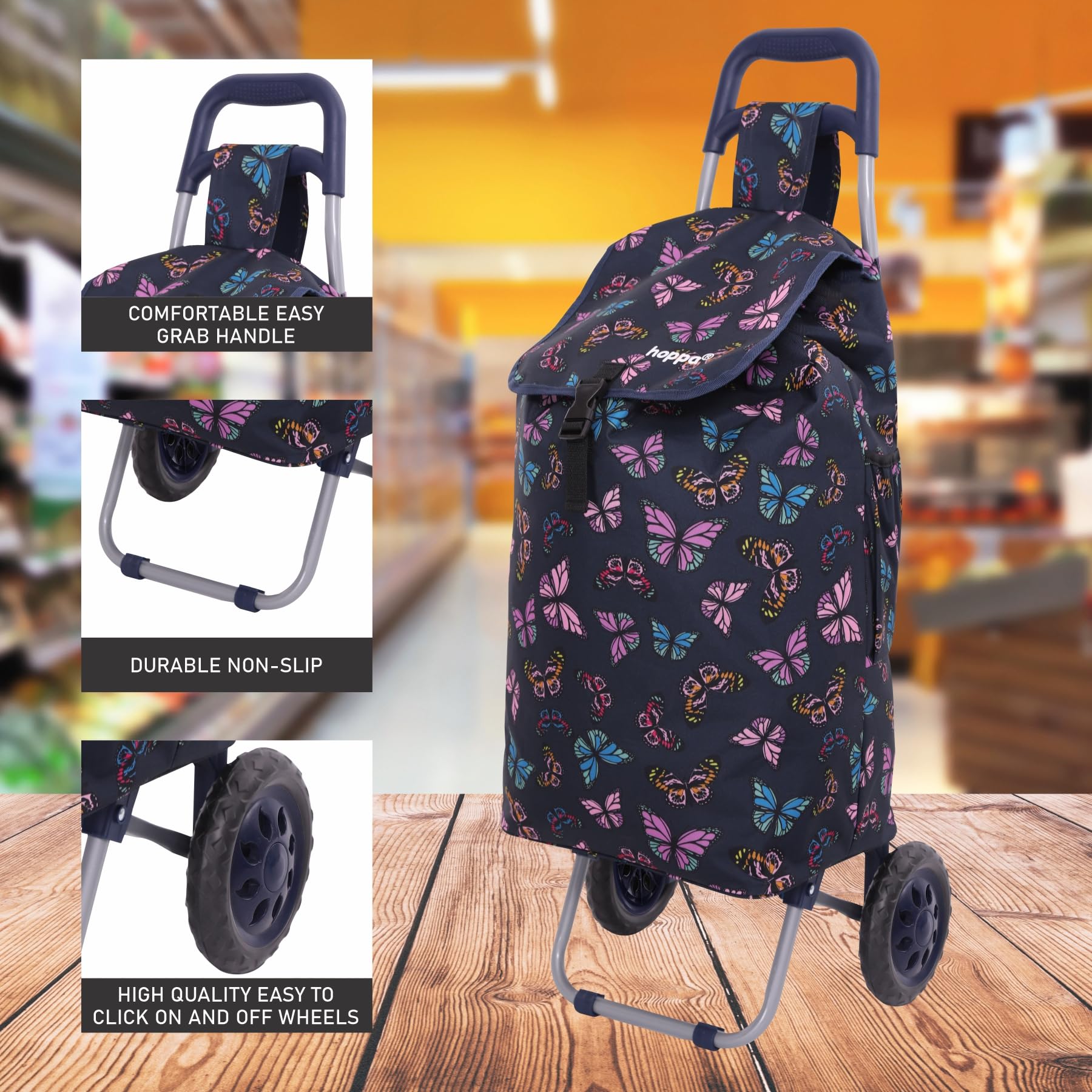Hoppa 57Ltr Lightweight Shopping Trolley 2025 model, Hard Wearing & Foldaway Push/Pull Cart for Easy Storage With 1 Year Guarantee