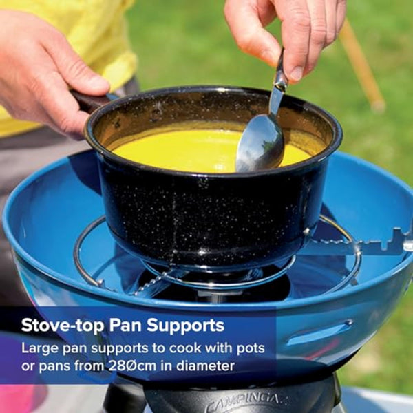 Campingaz Party Grill 400 CV, Camping Stove and Grill, All-in-One Portable Camping BBQ, with Griddle, Grid and Pan Support, Lid Doubles as Wok, Blue