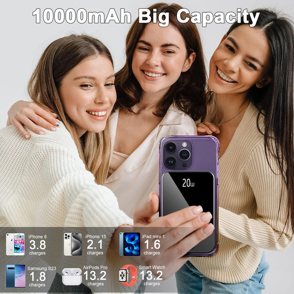 Magnetic Power Bank 10000mAh，20W Fast Charging Portable Charger, Wireless Power Bank with LED Display, Small USB-C Battery Pack with Mag-safe for iPhone 16/15 Plus/Pro/Max,14/13/12 Series,Black