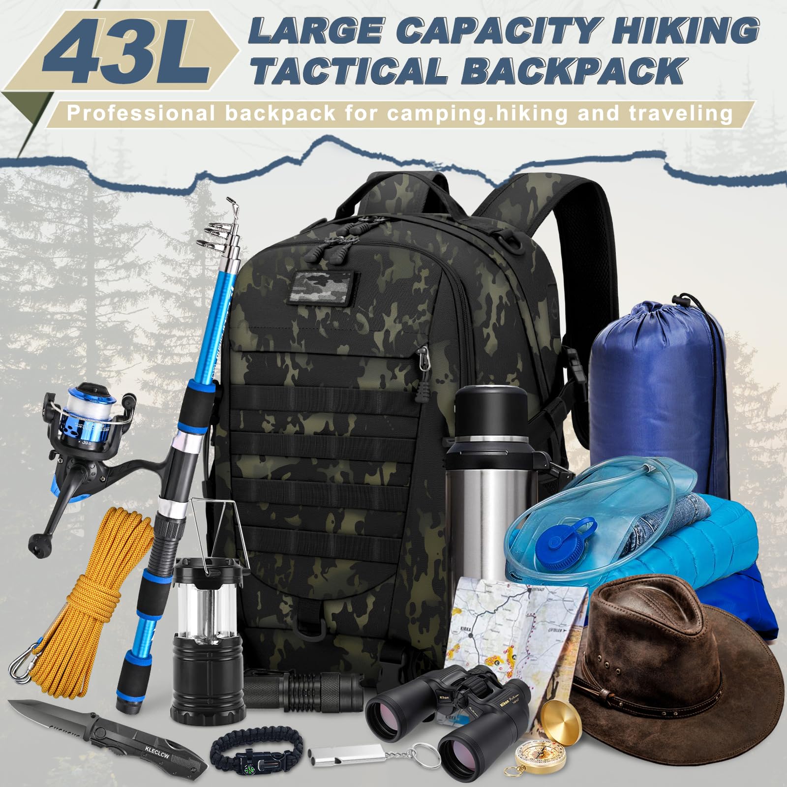 RAINSMORE Military Tactical Backpack Large Hiking Camping Rucksack 40L Water Resistant Molle Hunting Trekking Rucksack Black