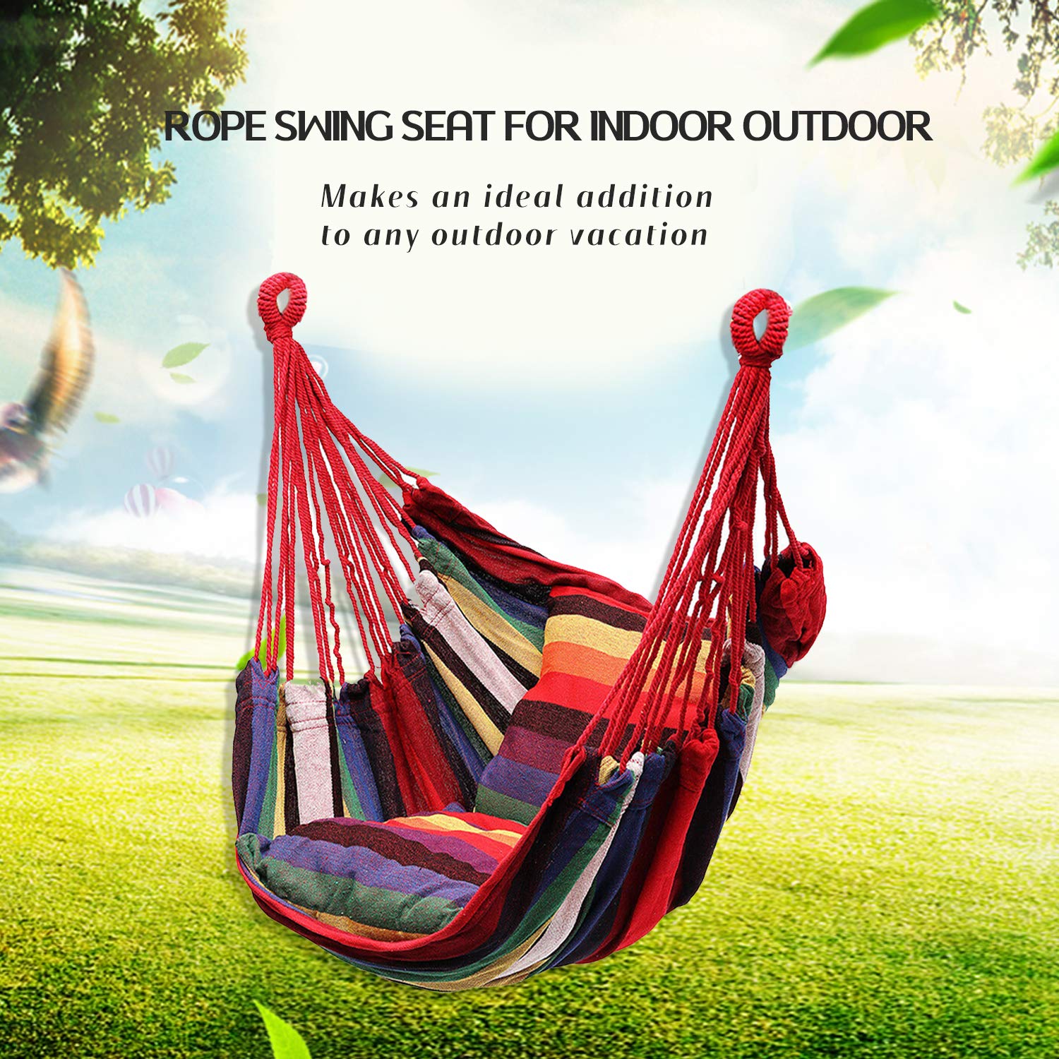 Hommtina Hammock Chair Hanging Rope Swing, Max 300 Lbs Hanging Chair with Pocket & Durability Perfect for Outdoor, Home, Bedroom, Patio, Yard (Pillows