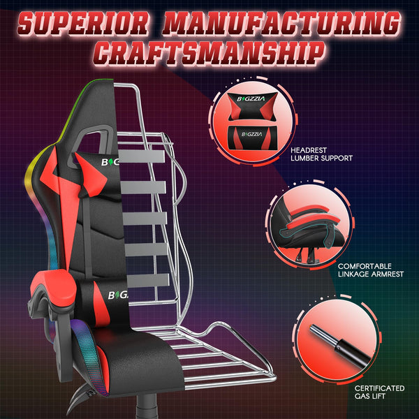 bigzzia RGB Gaming Chair with LED Lights and Ergonomic Computer Chair Reclining PU Leather High Back Video Game Chair with Headrest Adjustable Lumbar Support Linkage Armrest for Adults (Black/Grey)