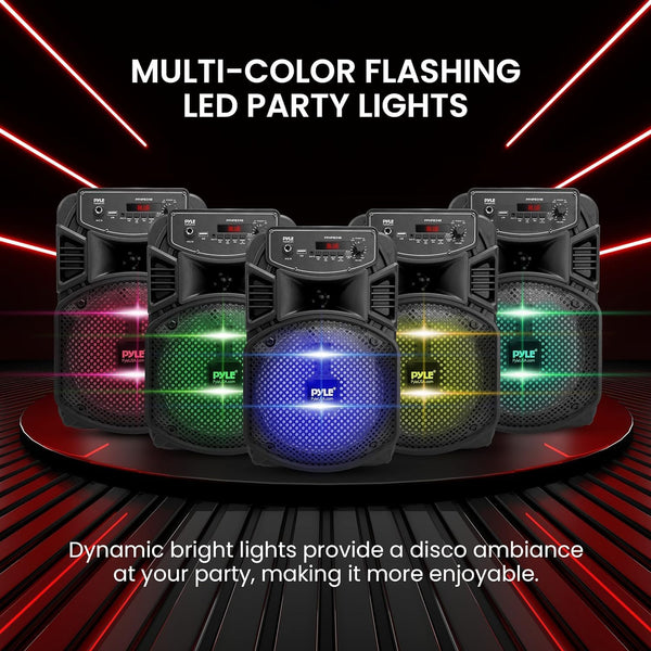 Pyle Wireless Bluetooth Party Speaker, PA Speaker System-300W Rechargeable Outdoor, Portable System w/ 8” Subwoofer 1” Tweeter, Loudspeaker- w/Lights, Mic & Guitar Port, USB/Radio, with Remote
