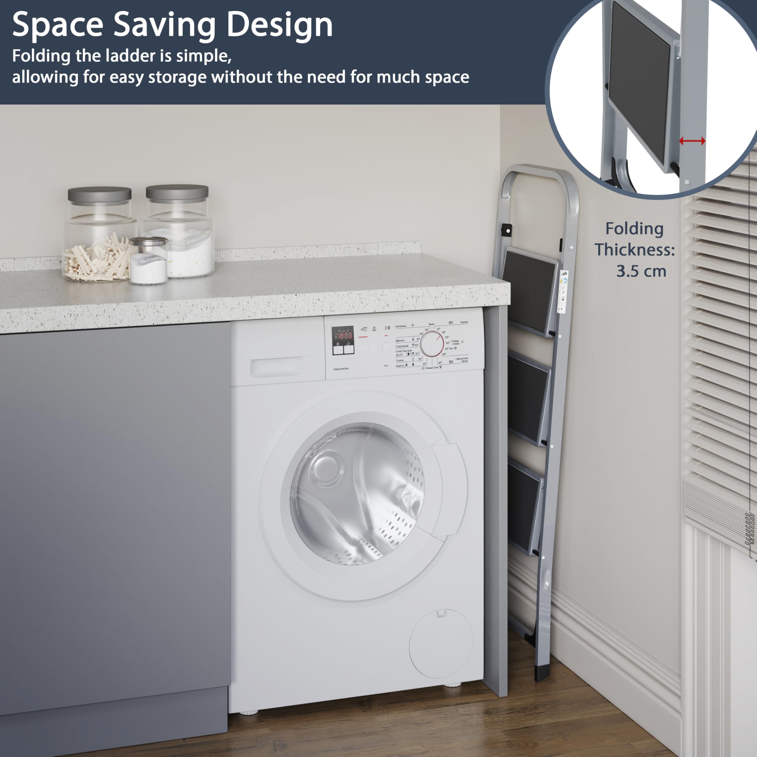 Home Vida 3 Step Ladder - Heavy Duty Steel Folding Ladder with Slip-Resistant and Wide Steps, Folding Mechanism, 150kg Max Load, Home/Kitchen/DIY/Garden Use, White