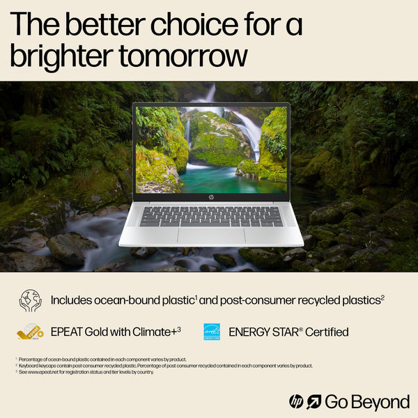 HP Chromebook 14" | Intel Processor N100 Processor| 4 GB RAM | 128 GB Flash Storage | Intel UHD Graphics | HD Display | Up to 12hrs battery | Chrome OS | Dual Speakers | Glacier Silver | 14a-nf0002sa