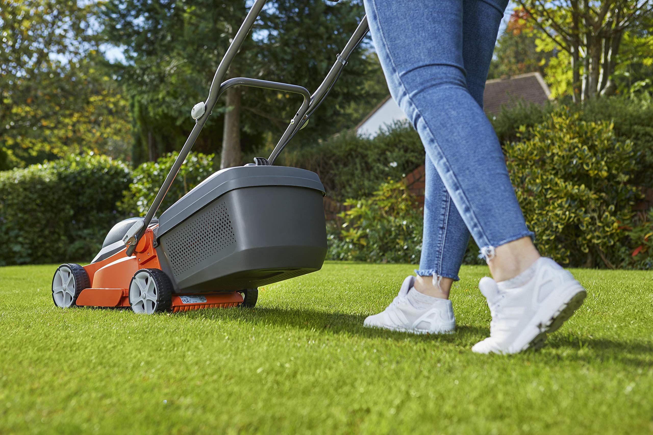 Flymo EasiStore 380R Electric Rotary Lawn Mower - 38 cm Cutting Width, 45 Litre Grass Box, Close Edge Cutting, Rear Roller, Central Height Adjust, Space Saving Storage Features