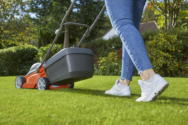 Flymo EasiStore 380R Electric Rotary Lawn Mower - 38 cm Cutting Width, 45 Litre Grass Box, Close Edge Cutting, Rear Roller, Central Height Adjust, Space Saving Storage Features