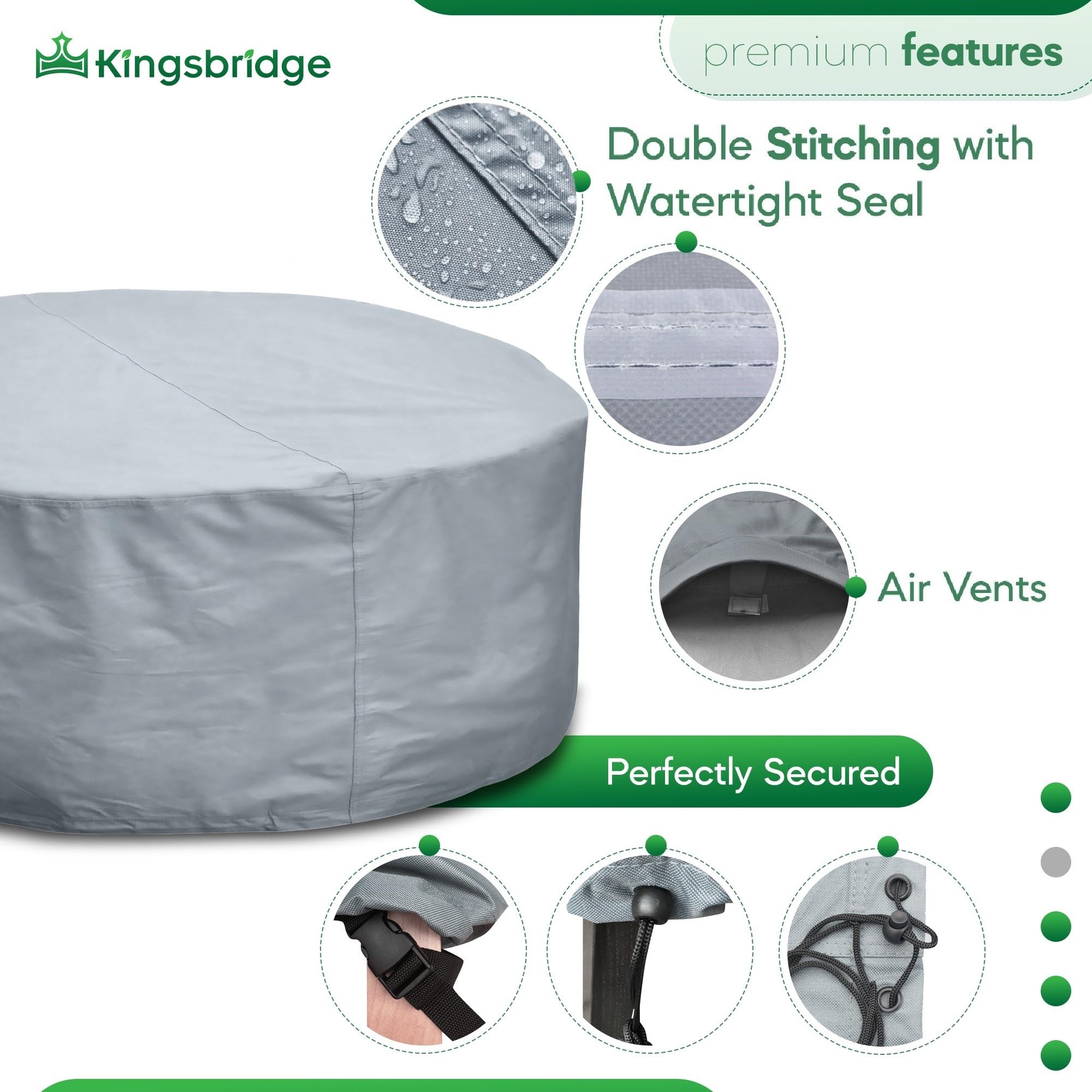 Kingsbridge Grey Heavy Duty 600D Waterproof Round Patio Table Cover (220cm), Anti UV, Breathable, Double Stitching, 220x80cm