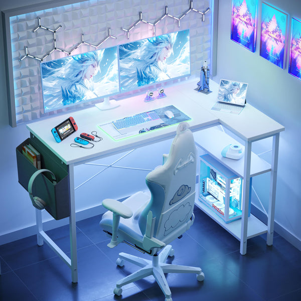 BEXEVUE L Shaped Gaming Desk, 100x70 cm Computer Desk with Storage Bag, Office Desk Small Writing Table with Large Reversible Storage Shelves, Workstation for Study Play Work Home Office, Black