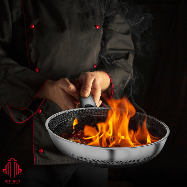 INTIGNIS Premium Frying Pan with Lid  30cm/ 12 Inches  Non-Stick | Scratch Resistant | Extra Deep Large | Chemical Free | Stainless Steel Skillet |