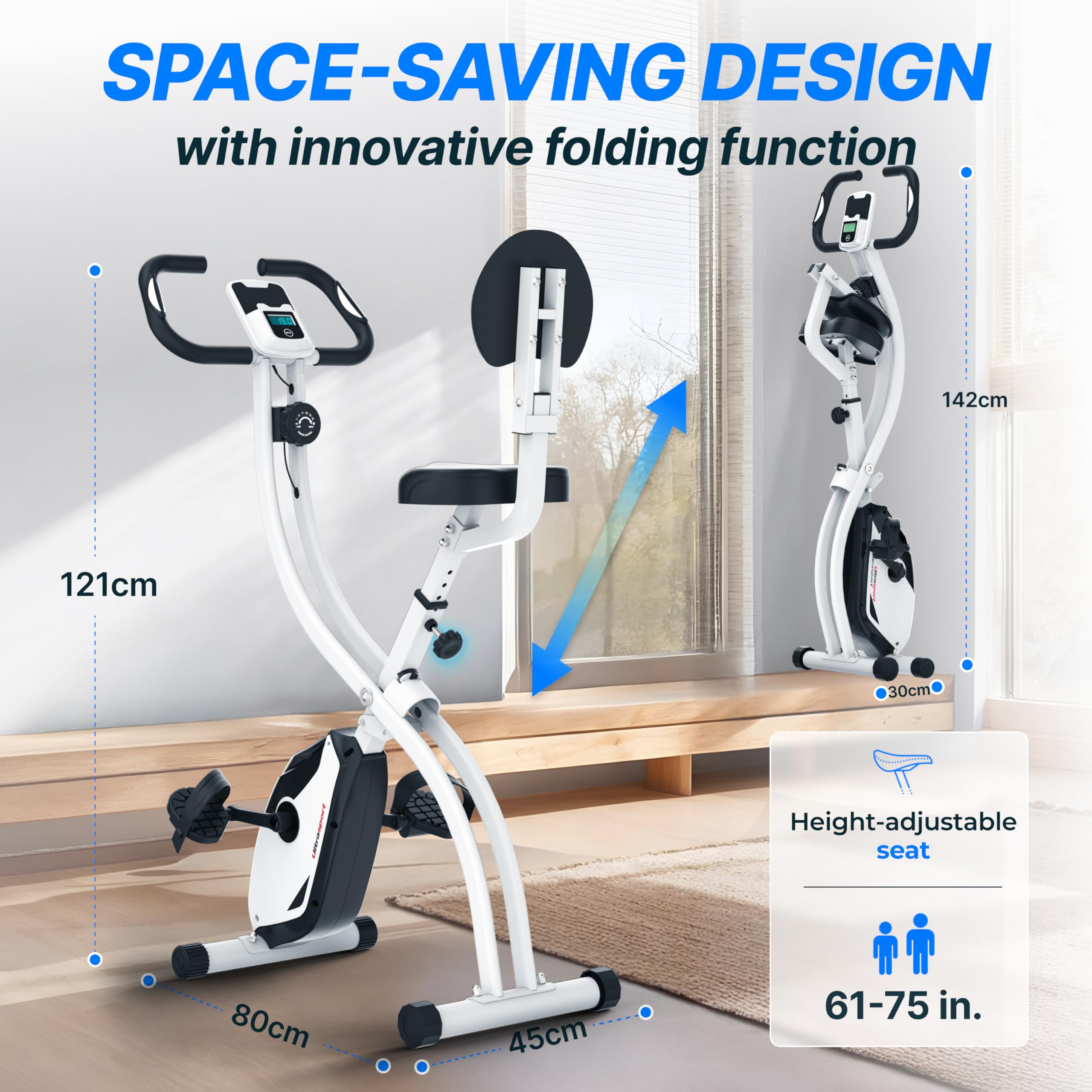 Ultrasport F-Bike Folding Exercise Bike 286 lbs Capacity, Extra Silent with Relax Foam Seat I Exercise Bikes for Home Use, Exercise Bike Foldable, Indoor Bike, Stationary Bike