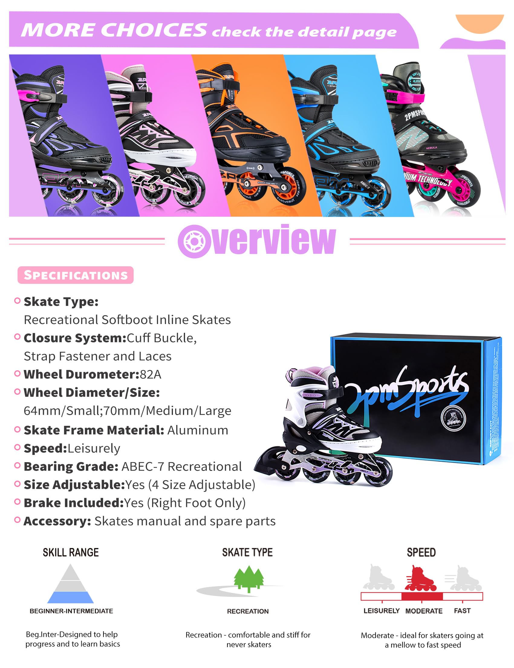 2pm Sports Adjustable Inline Skates, Stylish Design Beginner Roller Skates for Boys and Girls