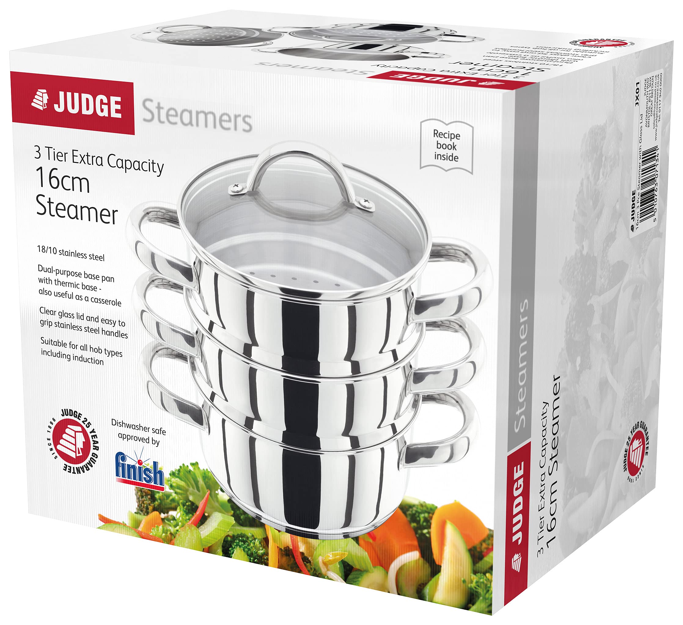 Judge Stainless Steel 3 Tier Steamer Set with 16cm 600ml Casserole, 2 Steamers and Lid, Induction Ready, Gift Boxed - 25 Year Guarantee