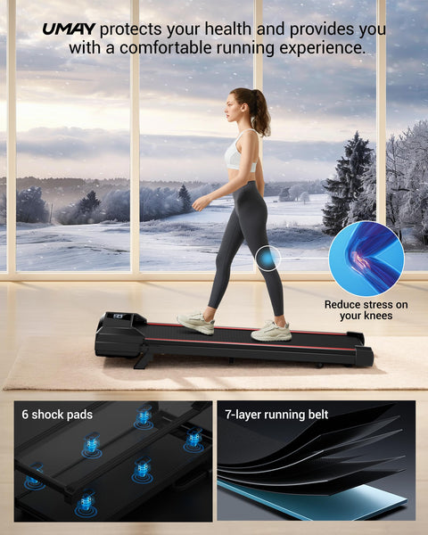 UMAY Walking Pad Treadmill with 9% Incline, Under Desk Treadmill with Diamond Pattern Running Belt, Lightweight Walking Running Electric Machine for Home Office with LED Display