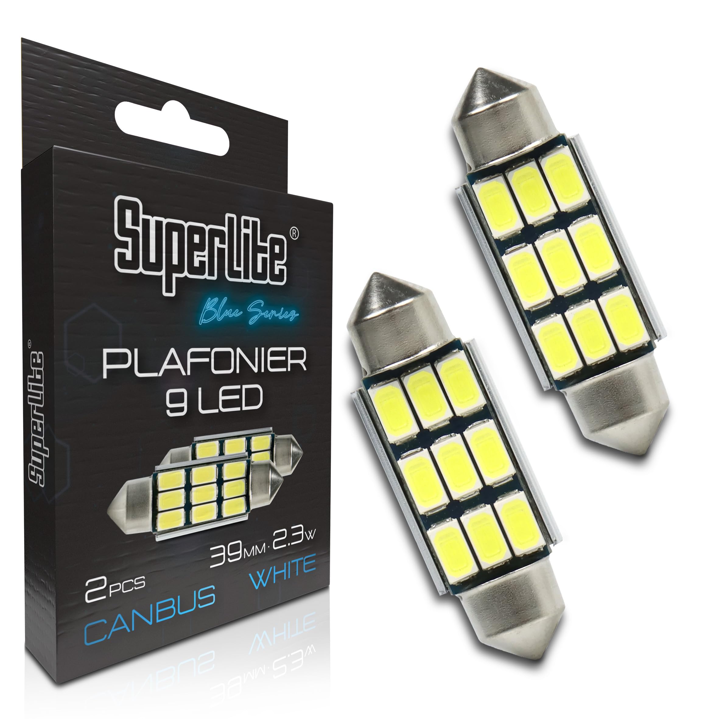 Superlite Set of 2 T10 Bulbs with 18 Leds from the Blue Series range. CanBus Technology and 6500K Colour Temperature. Ideal for Car and Truck.