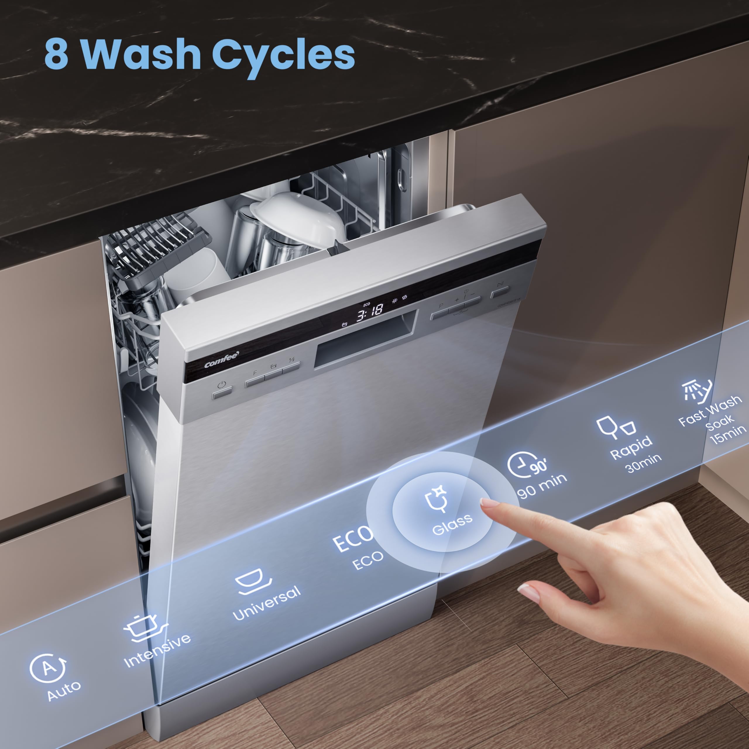 COMFEE' Freestanding Dishwasher CDWEF1034BW-UK 45cm Width, Slimline Dishwasher with 10 place settings, Quick Wash, Hygiene Wash, Delay Start, Half Load, Adjustable Basket - White