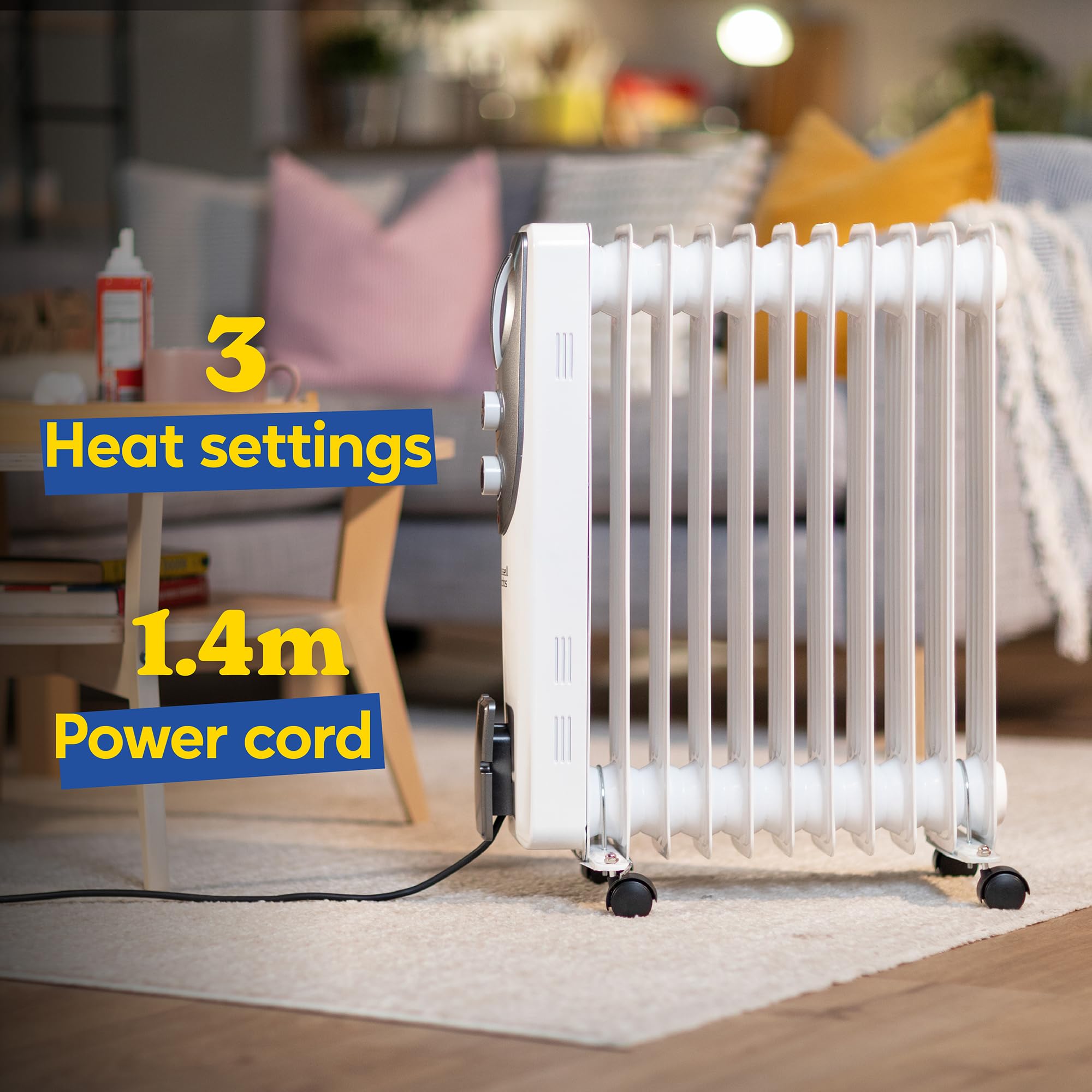 Russell Hobbs 1500W/1.5KW Oil Filled Radiator, 7 Fin Portable Electric Heater - White, Adjustable Thermostat with 3 Heat Settings, Safety Cut-off, 15 m sq Room Size, RHOFR5001, 2 Year Guarantee