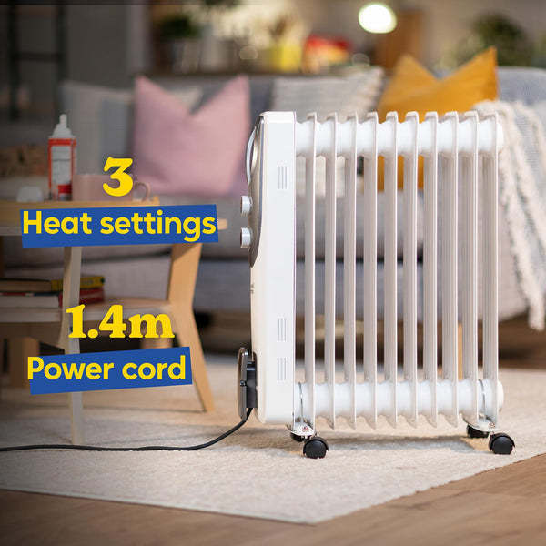 Russell Hobbs 1500W/1.5KW Oil Filled Radiator, 7 Fin Portable Electric Heater - White, Adjustable Thermostat with 3 Heat Settings, Safety Cut-off, 15 m sq Room Size, RHOFR5001, 2 Year Guarantee