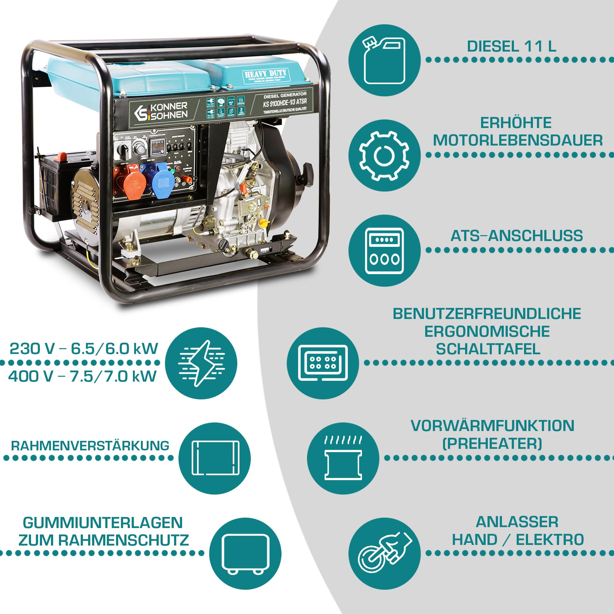 KS 9300DE-1/3 ATSR, diesel emergency generator 7500 W (400 V) / 6500 W (230 V), VTS phase switching system, diesel power generator EURO 5, LED display, air preheater, ATS connection