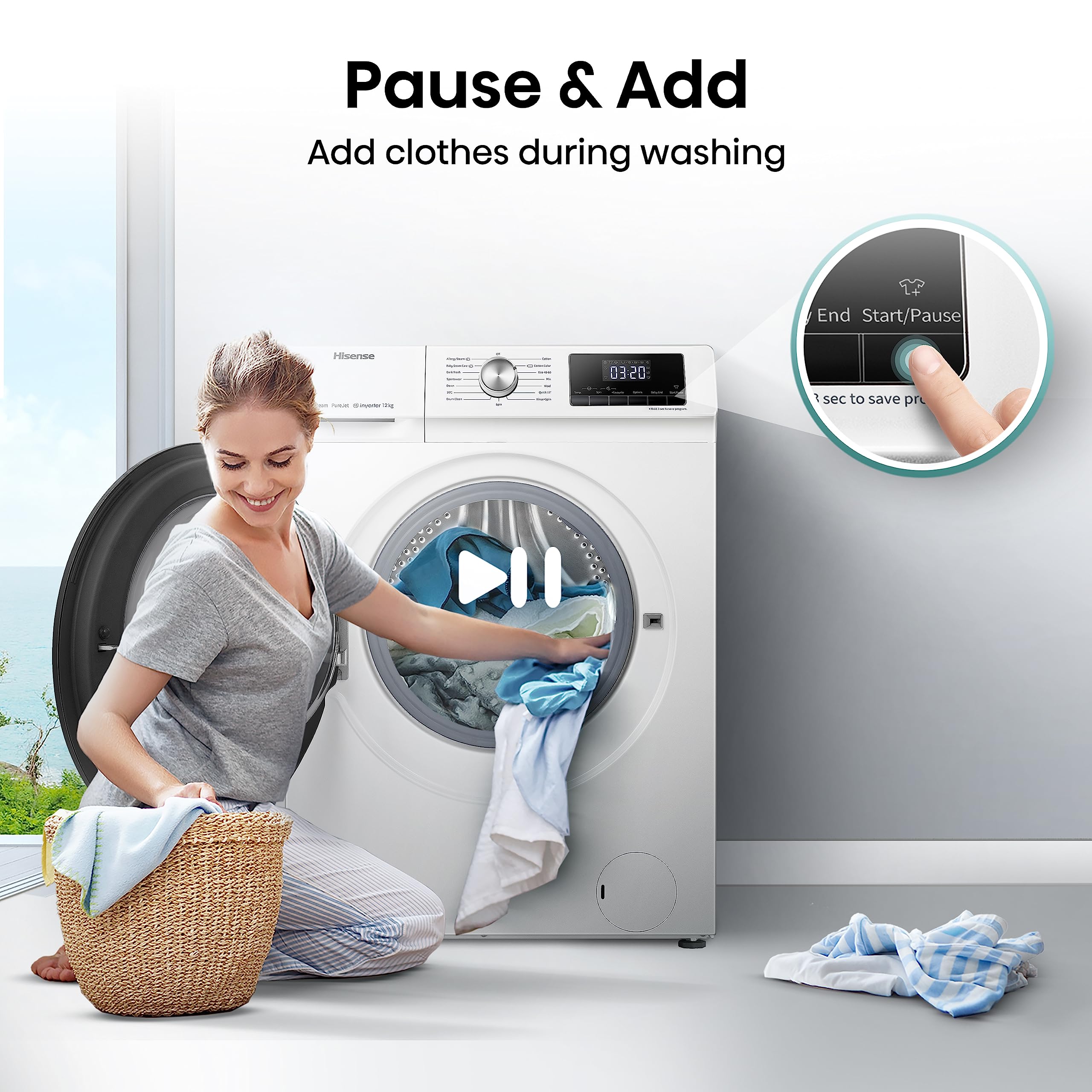 Hisense 3 Series WFQA9014EVJM Freestanding 9 KG Front Load Washing Durable Inverter Machine Steam Wash Quick Wash 15 Washing Programs 1400 RPM White- Energy Rating A