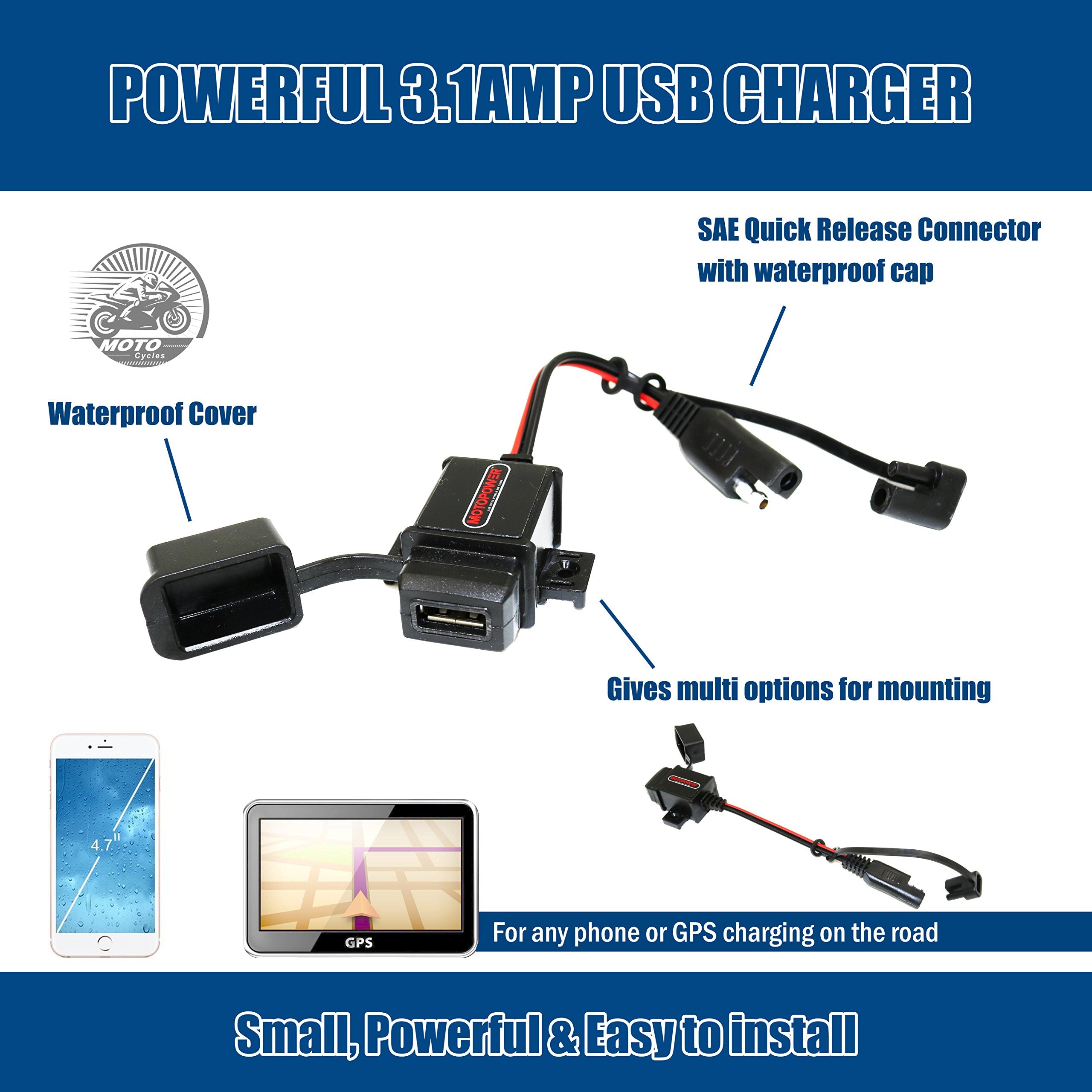 MOTOPOWER MP0609A 3.1Amp Motorcycle USB Charger Kit for Phone, GPS or Sport Camera