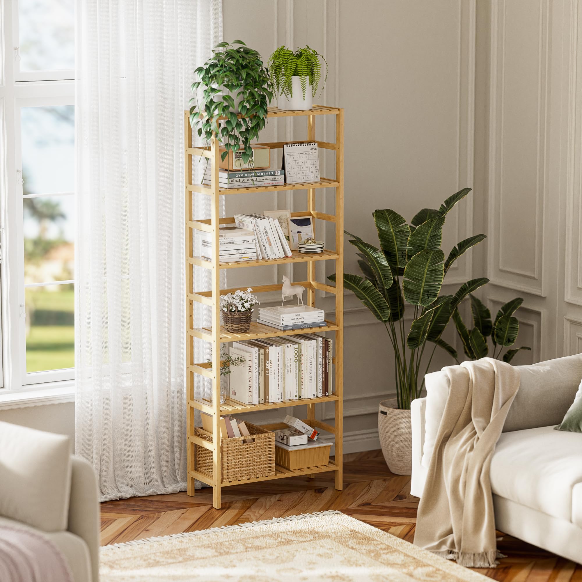 HITNET Bamboo Shelf, 6-Tier Adjustable Tall Open Bookcase, Bathroom Storage Rack Freestanding Shelving Unit, Plant Display Stand for Small Space,