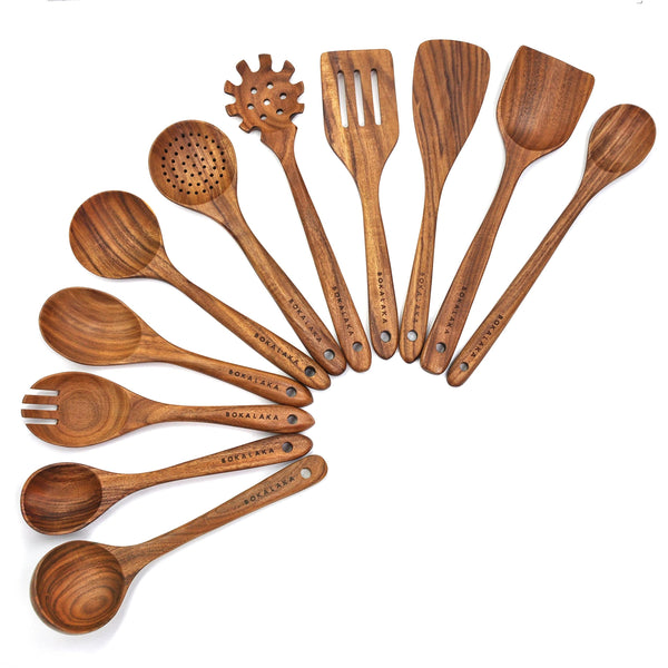 11 Pcs Wooden Kitchen Utensils Set - Wooden Spoons, Spatulas for Cooking