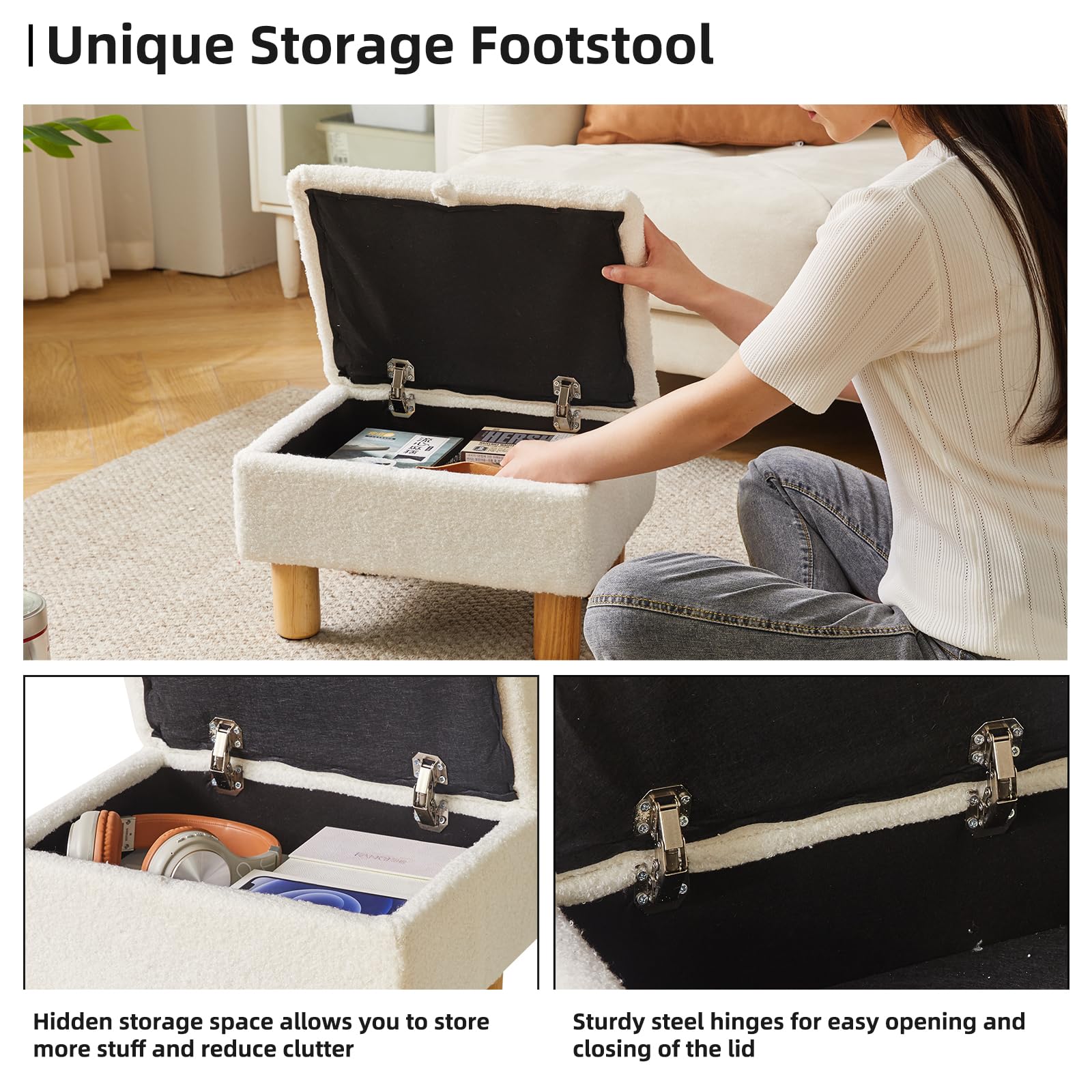 Aibiju Small Footstool with Storage, Faux Teddy Fur Foot Stool Ottoman with Wooden Legs, Change Shoes Stool for Living Room Bedroom Entryway