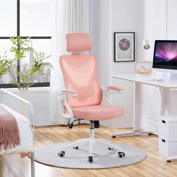 Yaheetech High Back Home Office Chair Ergonomic Swivel Desk Chair with Arms and Height Adjustable Back Support for Home Study or Manager Work White/Pink