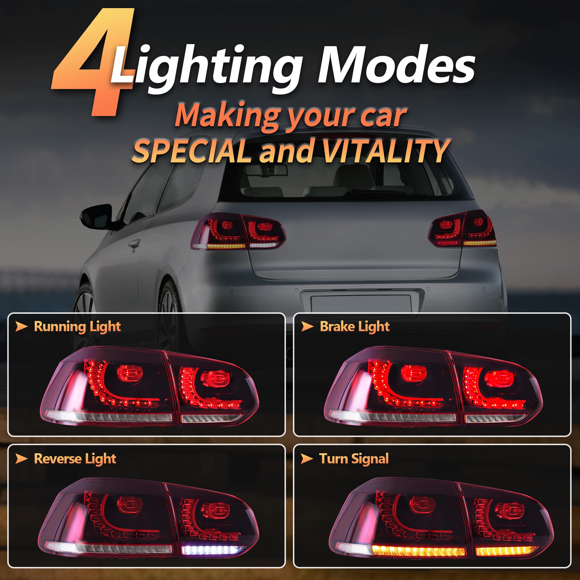 VLAND LED Rear Lights for Golf6 MK6 GTD R TSI 2008-2013 Tail Lights Lamps Assembly with Sequential Indicator, E-mark, One Pair (Smoked)