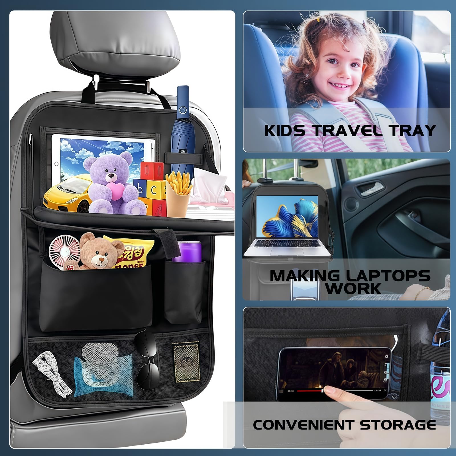Resszo Car Organiser,Car Seat Organiser for Kids with Tablet Holder, Multifunctional WaterProof Back Seat Protector with 10.5 iPad Foldable Tray Table, 6 Pockets Toy Storage