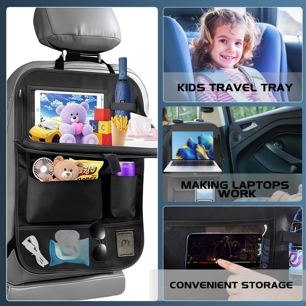 Resszo Car Organiser,Car Seat Organiser for Kids with Tablet Holder, Multifunctional WaterProof Back Seat Protector with 10.5 iPad Foldable Tray Table, 6 Pockets Toy Storage