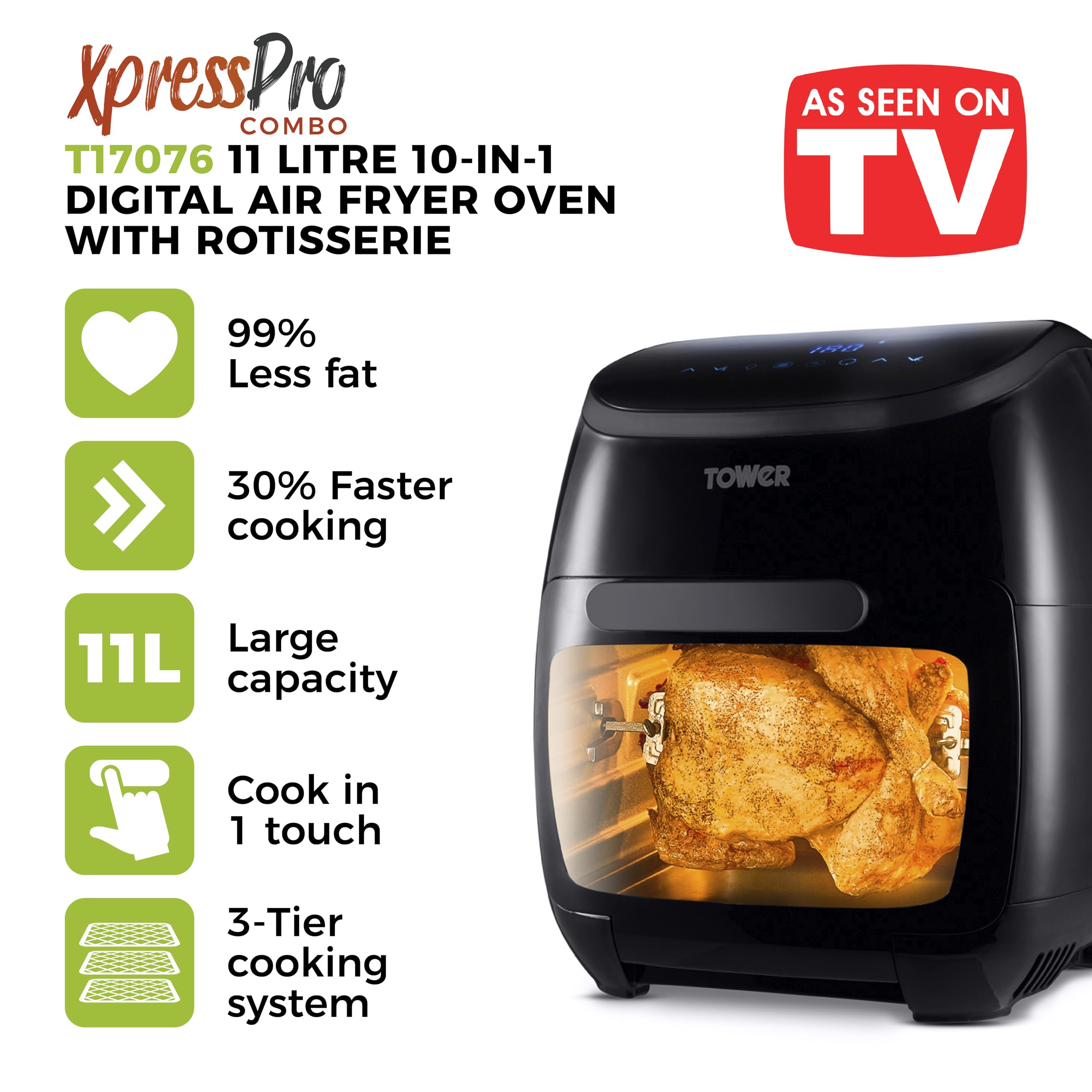 Tower T17122 Vortx Platinum Xpress Digital 30L Air Fryer Oven with Vizion Viewing Window, 18 Cooking Options, 2 Hour Timer, 1800W, Black
