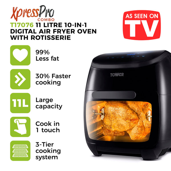 Tower T17122 Vortx Platinum Xpress Digital 30L Air Fryer Oven with Vizion Viewing Window, 18 Cooking Options, 2 Hour Timer, 1800W, Black