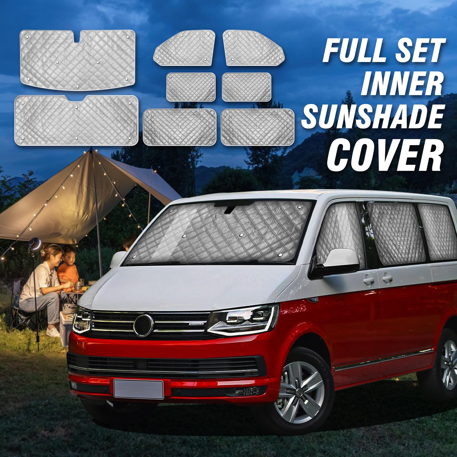 MaxAwe 8Pcs Internal Thermal Blind Set Fits for VW T5/T6 LWB, Luxury Sunshade Wrap Cover Kit, Window Front Screen Cover, Summer Uv Sun Blind & Winter Insulation Cover for VW Campervans & Motorhome
