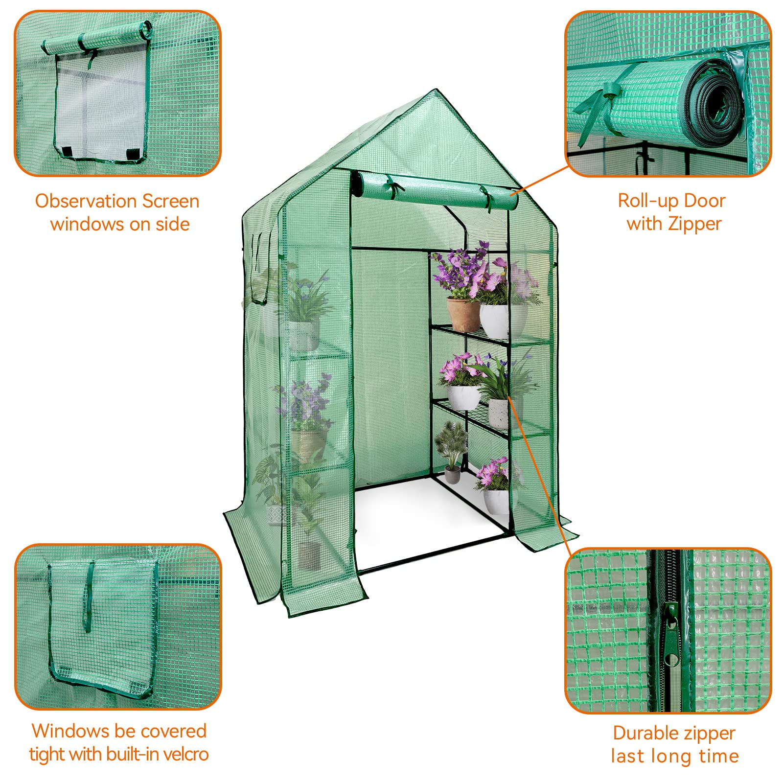 Grandhom Walk In Greenhouse With Shelves,Walk-In Plant Plastic Green House With Durable Green PE Cover, 3 Tiers 6 Shelves Greenhouse Frame Stands with