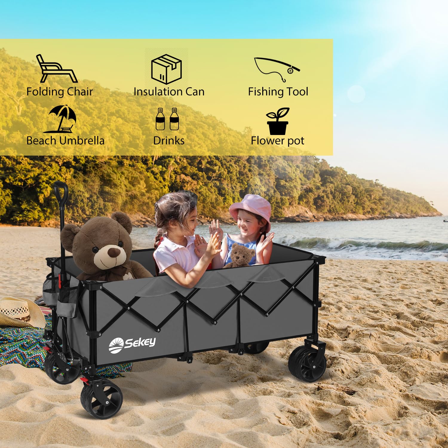 Sekey 200L Folding Festival Trolley with All-Terrain Extra Wide Wheels and Brake, Heavy-Duty Cart Loadable up to 150KG, Patented Four-Directional Foldable Design, Wagon for Beach Camping Outdoor, Grey
