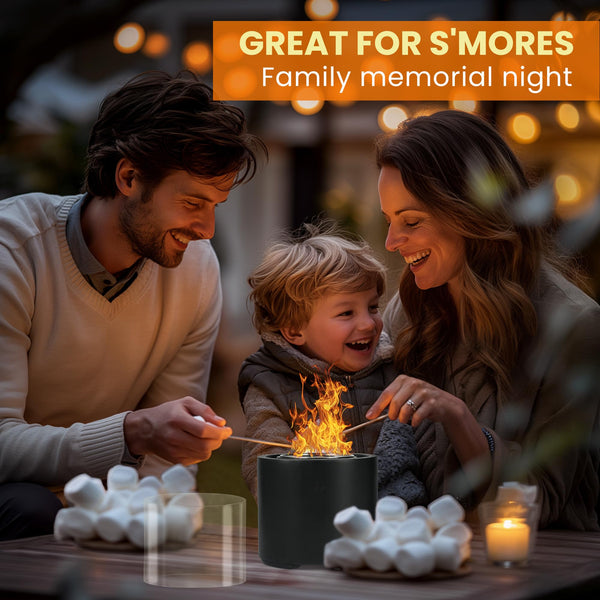 VOSSMOON Tabletop Fire Pit, Bioethanol Table Top Fire Bowl, Portable Round Fireplace indoor or Outdoor, Concrete Table Top Patio Heater Ethanol Burner with Tempered Glass for Potluck or Camping, Black