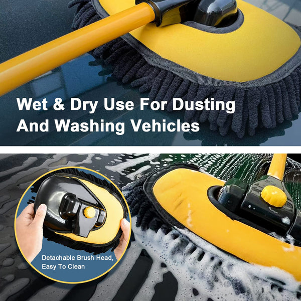 YeewayVeh Car Wash Brush, 43" Extendable Car Wash Brush Mop with Long Handle, 15 Degree Curved Soft Car Cleaning Brush kit with Extra Microfiber Brush Head for Truck SUV Cleaning, Orange