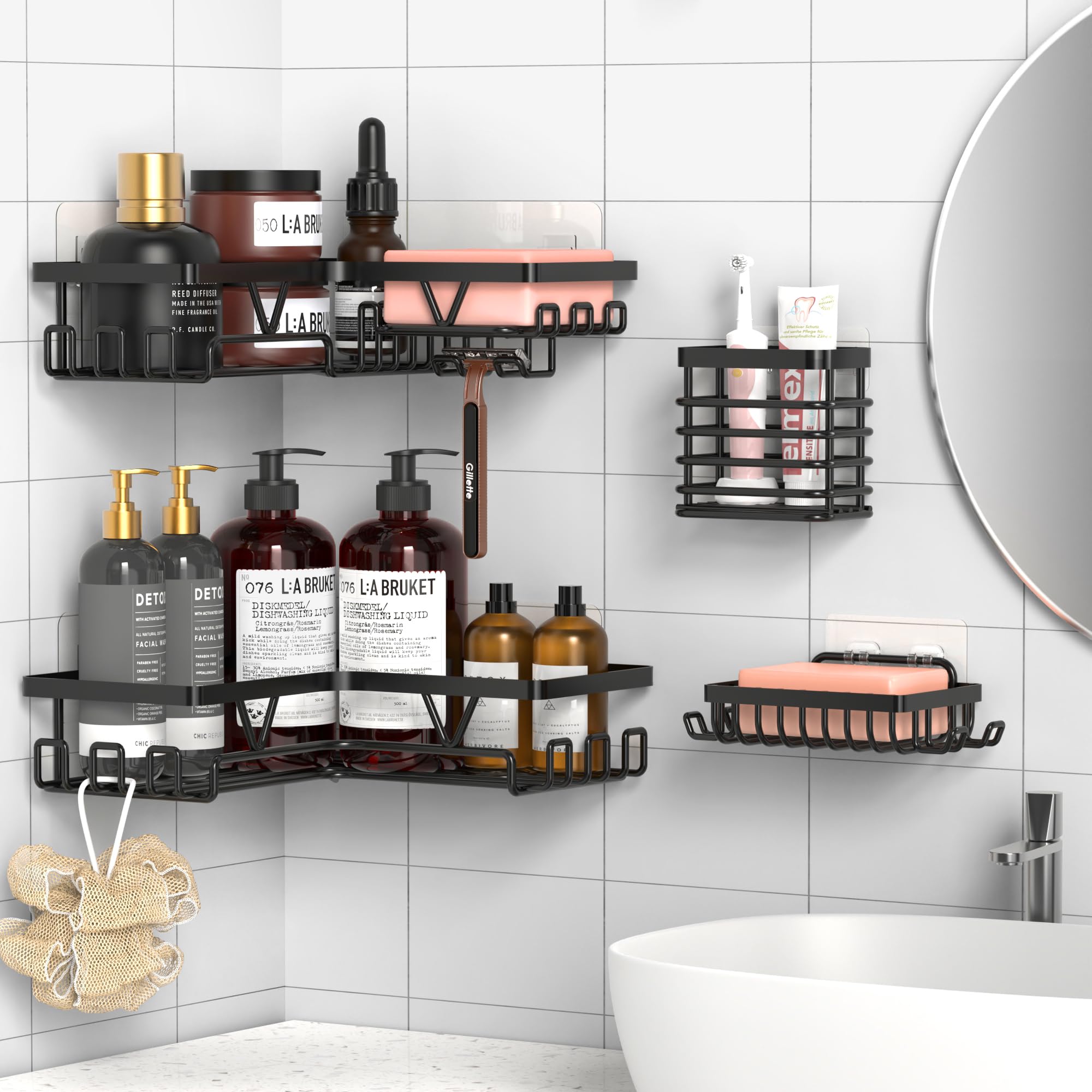 Kegii Telescopic Shower Caddy Corner - Stainless Steel Shower Shelf No Drilling Bathroom Caddy with Soap Holder and Hooks(White), On The Bath or Stand Up Shower