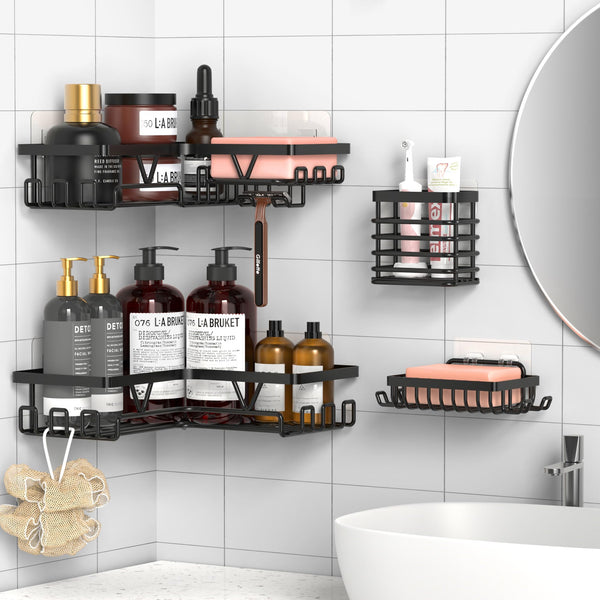 Kegii Telescopic Shower Caddy Corner - Stainless Steel Shower Shelf No Drilling Bathroom Caddy with Soap Holder and Hooks(White), On The Bath or Stand Up Shower