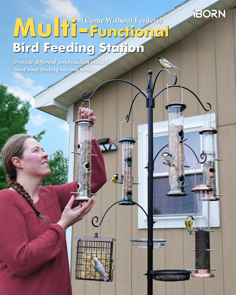 iBorn Bird Feeders Hanging Station Wild Bird Feeding Station Stand Heavy Duty 1 Inch Pole W/Removable Mesh Tray Water Tray, 6-Hooks, 5-Prong Pole