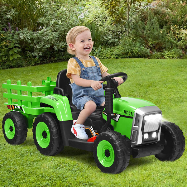 COSTWAY Ride on Tractor and Trailer, 12V Battery Powered Electric Kids Toy Car with Remote Control, LED Lights, USB & Bluetooth Music, Four Wheels Ride on Toys for Children Ages 3+(Dark Green)