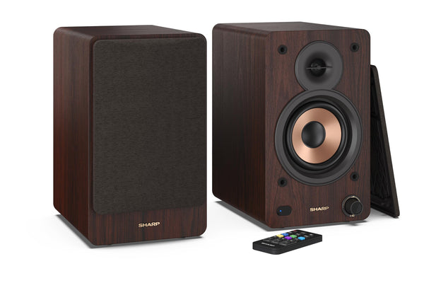 Sharp CP-SS30(BR) 60W RMS (2x 30W) 2-way Active Bookshelf Speakers - Wireless Studio Monitors with Bluetooth v5.0 Audio Streaming, USB Playback, Optical, AUX & RCA input - Brown